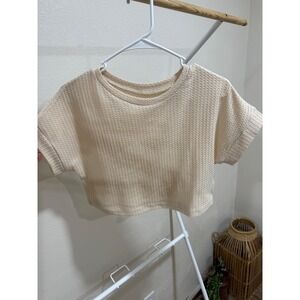 Beige Waffle Knit Crop Top Women's Short Sleeve Boxy Neutral Basic‎ Lounge Tee